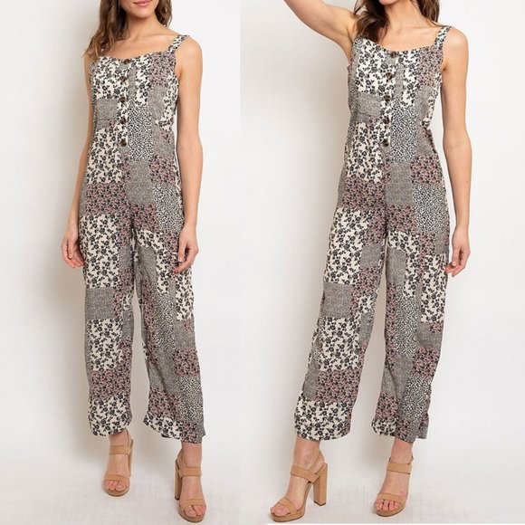 NEW Mix Floral Patch Print Button Front Jumpsuits - Picture 3 of 10